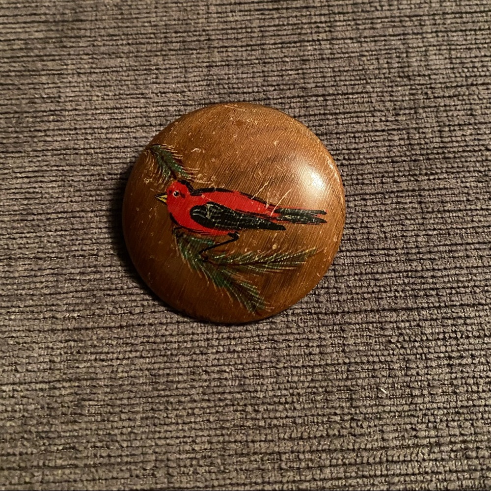 Vintage Round Oregon Myrtle Wood with Hand Painted Red Cardinal Bird Pin Brooch